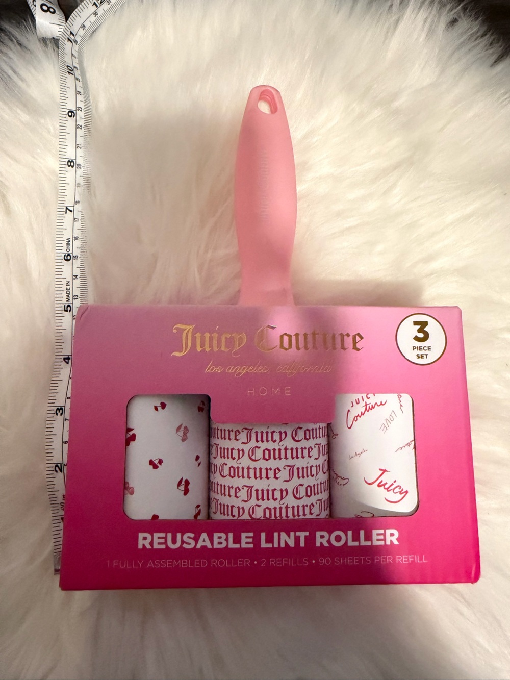 Juicy Couture Pink Reusable Lint Roller 3-Piece Set with Patterned Refills